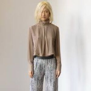 Tan Pleated Turtleneck Blouse